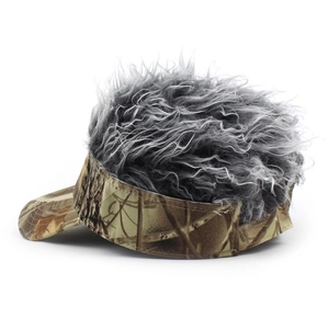 Detail of creative camouflage sun visor with grey synthetic hair for outdoor fun