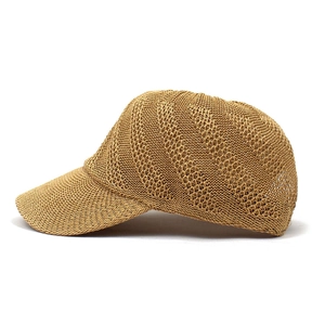 Detailed close-up showing the breathable hollow straw weave of this khaki sun baseball cap