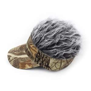 Detail view of camouflage baseball cap featuring synthetic grey curly hair on top