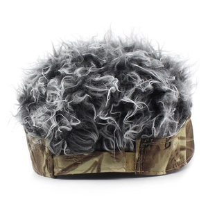 Detail of creative camo hat with short grey synthetic hair and adjustable strap back