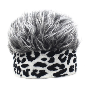 Detail of grey fluffy faux wig top with black and white leopard knit headband base