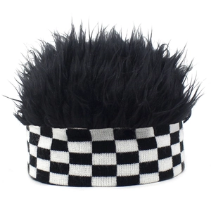Detail of checkered knit band and spiky black faux hair fibers on this fun wig hat