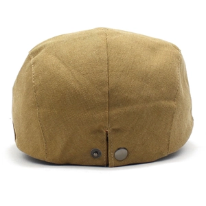 Back view of khaki cotton flat cap with adjustable metal snap buckle closure