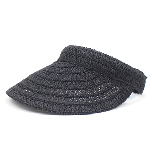 Women's black straw visor hat with wide brim for outdoor summer sun protection