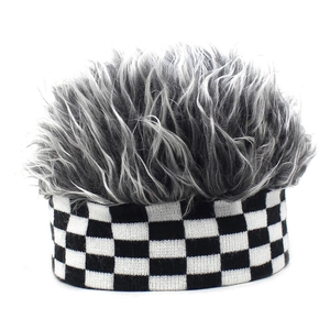 Detail of flair hair visor featuring silver faux hair and checkered knit headband