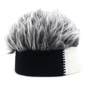 Detailed close-up of novelty beanie with grey faux hair wig and knit texture