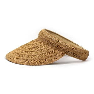 Close-up of woven paper straw texture on wide brim sun hat for outdoor sun protection