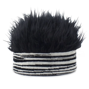 Detail of creative knit headband with black synthetic wig spikes and striped base