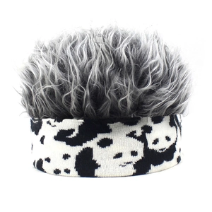 Detail of grey synthetic wig headband featuring a cute black and white panda pattern