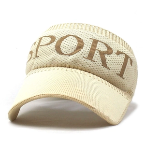 Detail of SPORT letter embroidery on beige knit visor hat with breathable texture