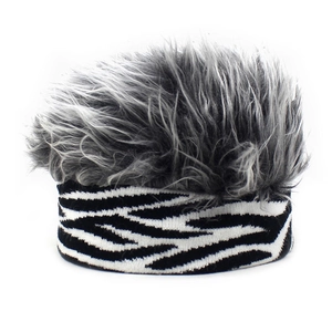 Winter faux hair beanie with fuzzy grey top and black white zebra knit headband