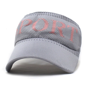 Detail of grey knitted open top sun hat with pink SPORT letter embroidery and breathable mesh