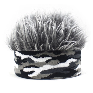Detailed view of the camouflage knit hat with realistic grey synthetic wig hair
