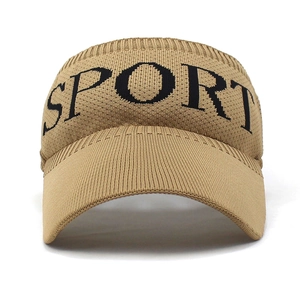 Detail shot of the khaki knitted sun visor showing the SPORT lettering and fine texture