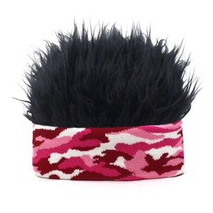 Detailed knit pink camouflage headband with black faux hair fibers for outdoor fun