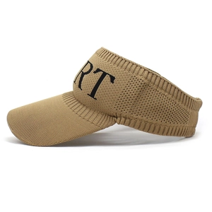 Close-up of khaki knitted sun visor hat showing breathable texture and RT letter embroidery