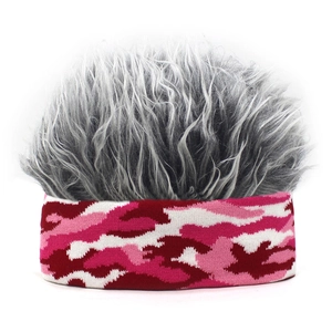 Macro detail of silver flair hair wig with pink camouflage headband for festive styling