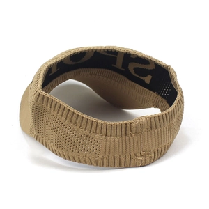 Close-up of khaki knitted sun visor hat showing SPORT lettering and vertical ribbed texture
