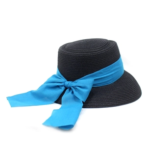 Black straw sun hat for women with wide brim and elegant large blue ribbon bow