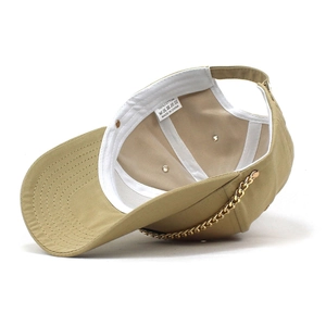 Khaki cotton baseball cap with gold metal chain decoration and embroidery street style