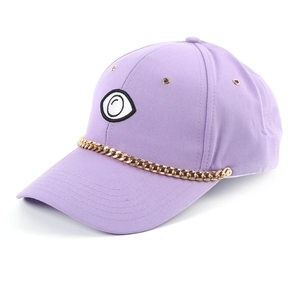 Detail of light purple baseball cap with eye embroidery and golden chain decoration