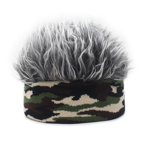 Close-up of camouflage knit headband with grey faux hair wig on a white background
