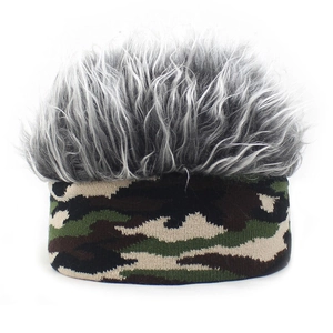 Detail view of camouflage knit hat with grey curly faux hair wig top for cosplay