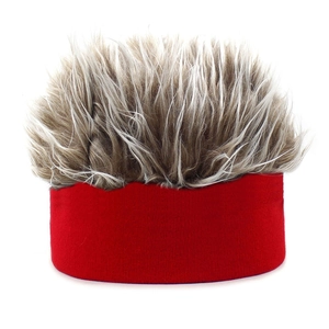 Detail of red knit headband with textured faux hair wig fibers and neat stitching