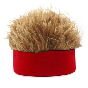 Close-up of fluffy light brown synthetic hair texture on a red knitted sports headband