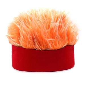 Detailed view of elastic red knit headband with vibrant orange fluffy wig top