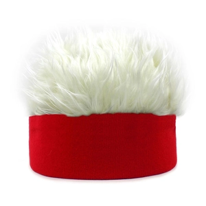 Detail of red knit headband with soft white faux hair for party costume and cosplay decor