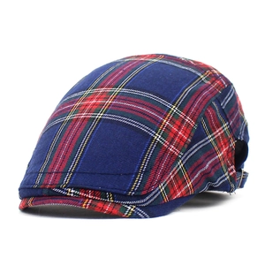 British Style Vintage Plaid Beret For Men Women Cotton Breathable Flat Cap Adjustable Tartan Ivy Hat Newsboy Driving Cap