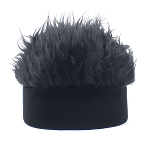 Detail of creative black wig knit hat featuring synthetic fiber hair and elastic band