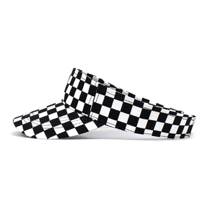 Detailed side view of black and white checkered sun visor with fine stitching