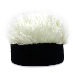 Detailed view of women's knitted hat featuring creative white faux fur top and black trim