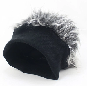 Winter knitted beanie in black with grey faux hair wig and ribbed cuff detail