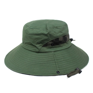 Detail of army green sun hat with camo mesh vents and adjustable chin strap cord