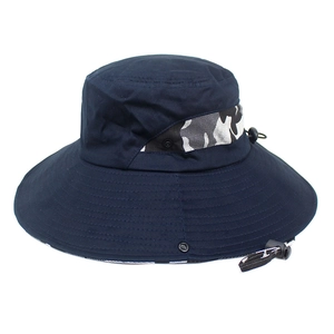 Detail of dark blue sun hat with camo trim and adjustable windproof chin strap
