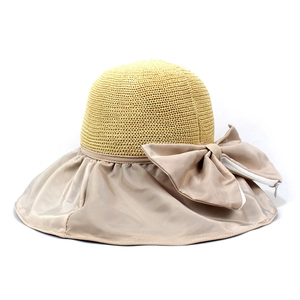 Women's UV protection straw sun hat with satin bow and black vinyl lining