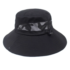 Black wide brim sun hat with camouflage mesh breathable tape and adjustable strap