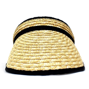 Women's summer straw visor hat with wide brim and black fabric trim edges