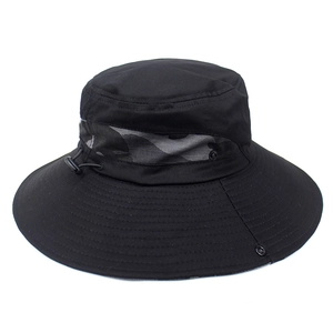 Close-up of black wide brim sun hat featuring breathable camo mesh and adjustable chin strap