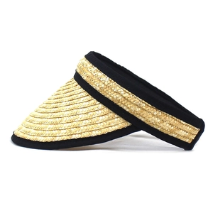 Women's straw sun visor hat with wide brim and black fabric trim for UV protection