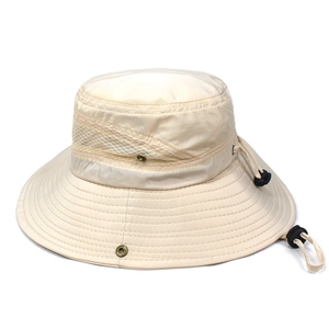 Detail of beige sun hat featuring breathable mesh vents and adjustable windproof chin strap