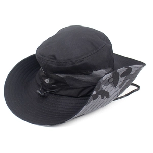 Outdoor sun hat with wide brim, camouflage stitching, and adjustable windproof strap