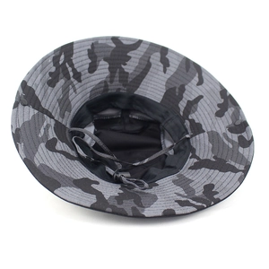 Unisex camouflage bucket hat with wide brim and adjustable windproof cord for outdoors
