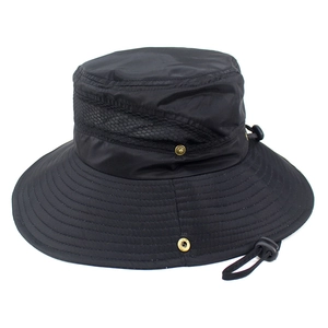 Breathable outdoor bucket hat in black with wide brim and adjustable windproof strap