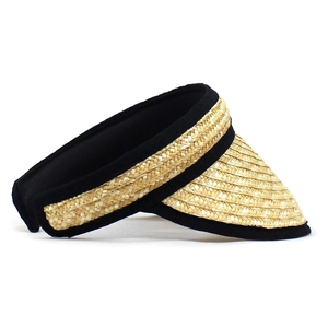 Women's summer straw open top sun hat with black fabric trim and wide brim for sun protection