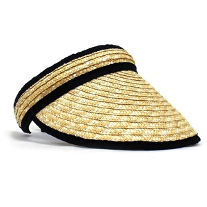 Close-up of straw sun hat weave texture with black fabric edge on white background