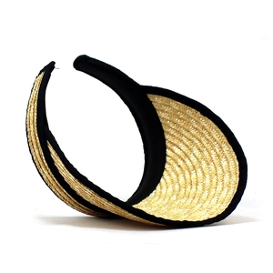 Detail of straw woven texture and black fabric edge on a sun visor hat for women